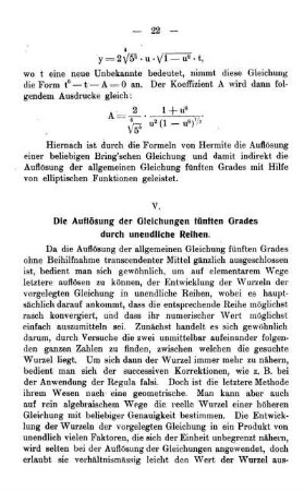 V. Die Auflösung der Gleichungen fünften Grades durch unendliche Reihen.