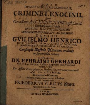 Diss. iuris crim. de crimine lenocinii : occasione art. CXXII & CXXIII Const. Carol.