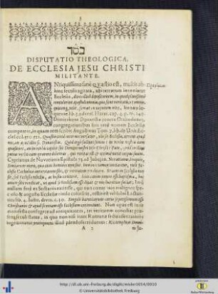 Disputatio Theologica, De Ecclesia Jesu Christi Militante.