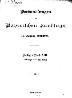 Verhandlungen des Bayerischen Landtags. Beilagen. 1921/22,8