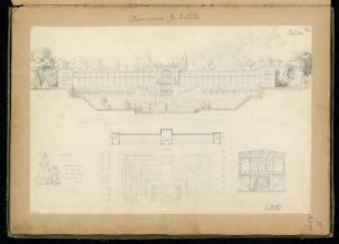 Orangerie Monatskonkurrenz November 1850: Lageplan mit Grundriss, Aufriss Gartenansicht, Querschnitt; 3 Maßstabsleisten
