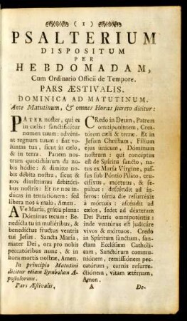 Psalterium Dispositum Per Hebdomadam, Cum Ordinario Officii de Tempore