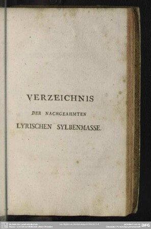Verzeichnis Der Nachgeahmten Lyrischen Sylbenmasse