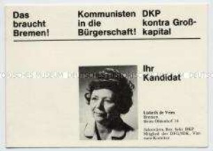 Propagandaschrift der DKP Bremen zur Bürgerschaftswahl 1971 mit dem Porträt einer Kandidatin