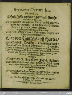 Christi Jesu tapfferer, gestrenger Knecht ... bey Leichenbestattung des Hn. Clas v. Tauben ...