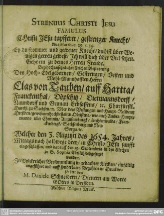 Christi Jesu tapfferer, gestrenger Knecht ... bey Leichenbestattung des Hn. Clas v. Tauben ...