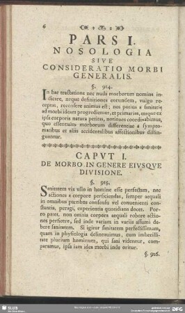 Pars I. Nosologia Sive Consideratio Morbi Generalis