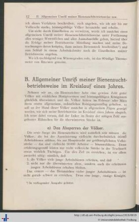 B. Allgemeiner Umriß meiner Bienenzuchtbetriebsweise im Kreislauf eines Jahres.