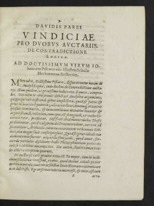 Davidis Parei Vindiciae Pro Duobus Auctariis. De Contradictione Logica.