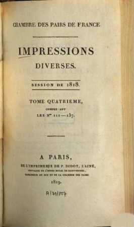 Impressions diverses : session ... 1818,4 (1819) = Nr. 111 - 137