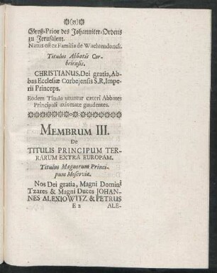 Membrum III. De Titulis Principum Terrarum Extra Europam.