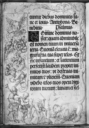 Gebetbuch Kaiser Maximilians I. — Vögel und Phantasietier in Ranken; Spielleute; Eremit; Löwe, Folio 38verso
