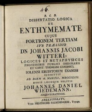 Portio 3: Dissertatio Logica De Enthymemate. Portio 3