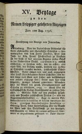 XV. Beylage zu den Leipziger gelehrten Anzeigen - Zum 1sten Aug. 1796.