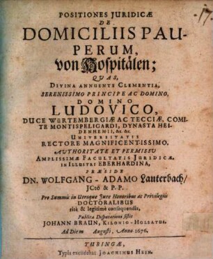 Positiones Juridicae De Domiciliis Pauperum = Von Hospitälen
