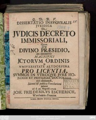 Dissertatio Inavgvralis Jvridica De Jvdicis Decreto Immissoriali