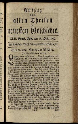 XLII. Stück. Coburg, den 18. Oct. 1758.