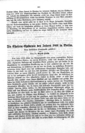 Die Cholera-Epidemie des Jahres 1866 in Berlin