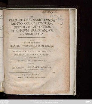 De Vero Et Originario Fvndamento Obligationis Rvsticorvm; Ad Operas Et Censvm Praestandvm Commentatio