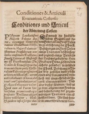Conditiones & Articuli Evacuationis Costensis. Conditiones und Articul der Abtretung Costen.