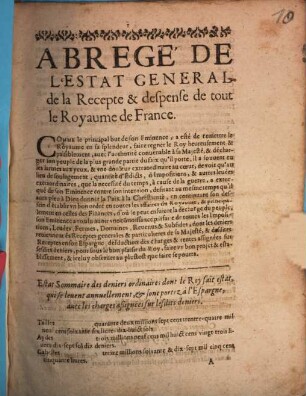 Abrégé de l'estat générale de la Recepte et despense de tout le Royame de France