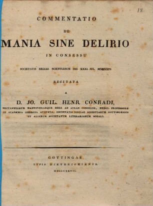 Commentatio de mania sine delirio