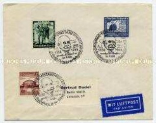 Briefumschlag mit Sonderbriefmarken und -stempel zur Zeppelinpost-Ausstellung in Konstanz