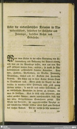 Ueber die niederländischen Kolonien in Niederdeutschland, besonders der Holländer und Fläminger, derselben Rechte und Gebräuche