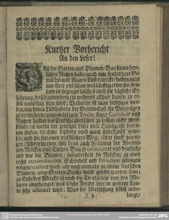 Kurtzer Vorbericht An den Leser!