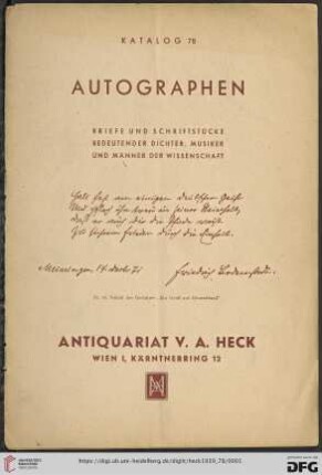 Nr.78: Katalog: Autographen - Briefe und Schriftstücke bedeutender Dichter, Musiker und Männer der Wissenschaft