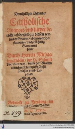 Vom heiligen Ehstandt Catholische Antwort vnd kurtzer bericht...