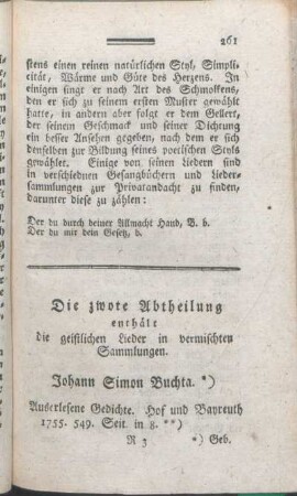 Die zwote Abtheilung enthält die geistlichen Lieder in vermischten Sammlungen.