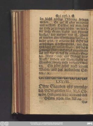 LXXVIII. Ohne Glauben ists unmüglich Gott gefallen, Ebr. XI, 6. Ohne die Heiligung wird niemand den Herrn sehen. Ebr. XII, 14.