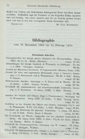 Bibliographie vom 16. December 1884 bis 15. Februar 1885.