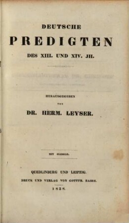Deutsche Predigten des XIII. und XIV. Jh. : mit Glossar