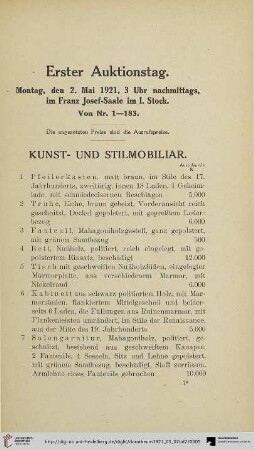 Erster Auktionstag: Montag, den 2. Mai 1921 (1-183)