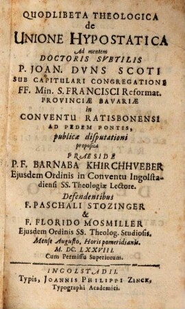 Quodlibeta theologica de unione hypostatica