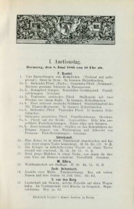 I. Auctionstag. Dienstag, den 8. Juni 1886 von 10 Uhr ab