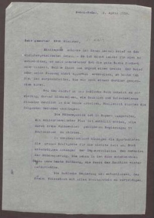 Schreiben von Prinz Max von Baden an Ludwig Haas; Sorge um einen Packt zwischen der Reaktion und den Spartakisten; Notwendigkeit der Erweckung eines badischen Chauvinismus
