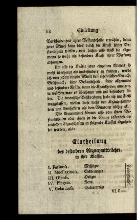 Eintheilung der besondern Arzneymittellehre in ihre Klassen.