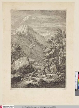 [Lanschaft mit zwei Männern am Fuße eines Berges; Landscape with two men at the foot of a mountain]