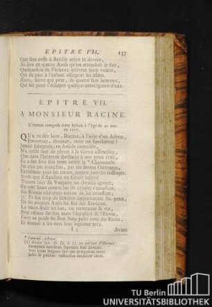 Epitre VII. A monsieur Racine. L'auteur composa cette epitre à l'âgé de 40 ans.