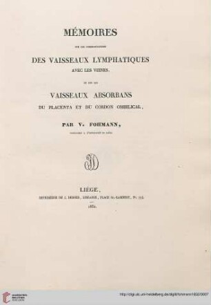 Mémoire Sur Les Communications Des Vaisseaux Lymphatiques Avec les Veines, Et Sur Les Vaisseaux Absorbans Du Placenta Et Du Cordon Ombilical