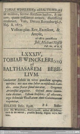 LXXXIV. Tobiae Winckleri ad Balthasarem Bebelium