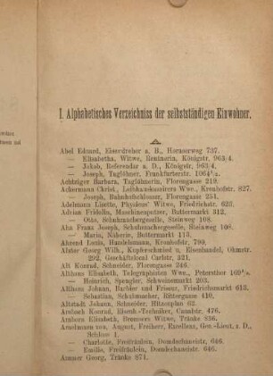 I. Alphabetisches Verzeichniss der selbstständigen Einwohner