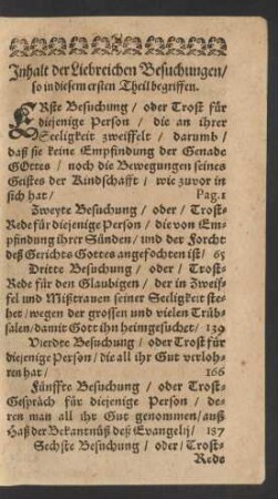 Inhalt der Liebreichen Besuchungen/ so in diesem ersten Theil begriffen.