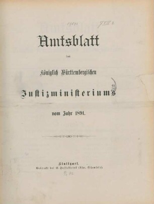 1891: Amtsblatt des Württembergischen Justizministeriums