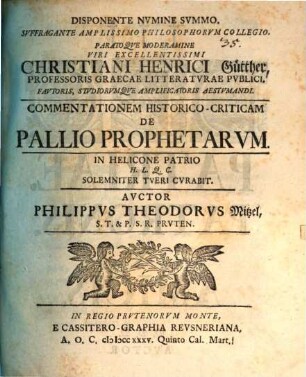 Moderamine ... Christiani Henrici Gütther ... Commentationem hist. crit. de pallio prophetarum