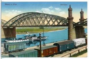 Riesa. Güterwagen, Brücke, Elbe mit Dampfer Bodenbach