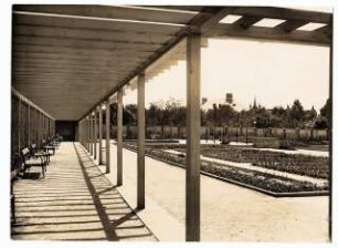 Grünanlage mit Spielplatz, Hindenburg: Laubengang mit Bänken sowie Blumenbeeten davor